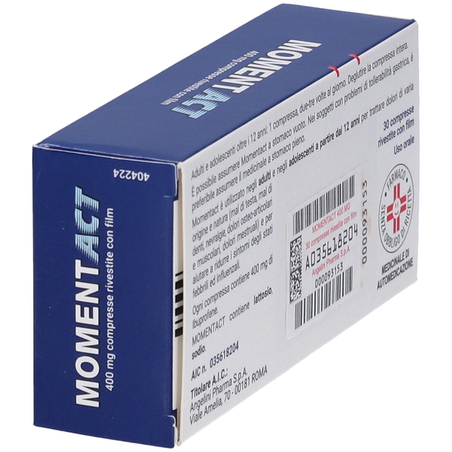 Retro della scatola MOMENTACT. Testo in italiano. Logo farmacia e informazioni sul prodotto.