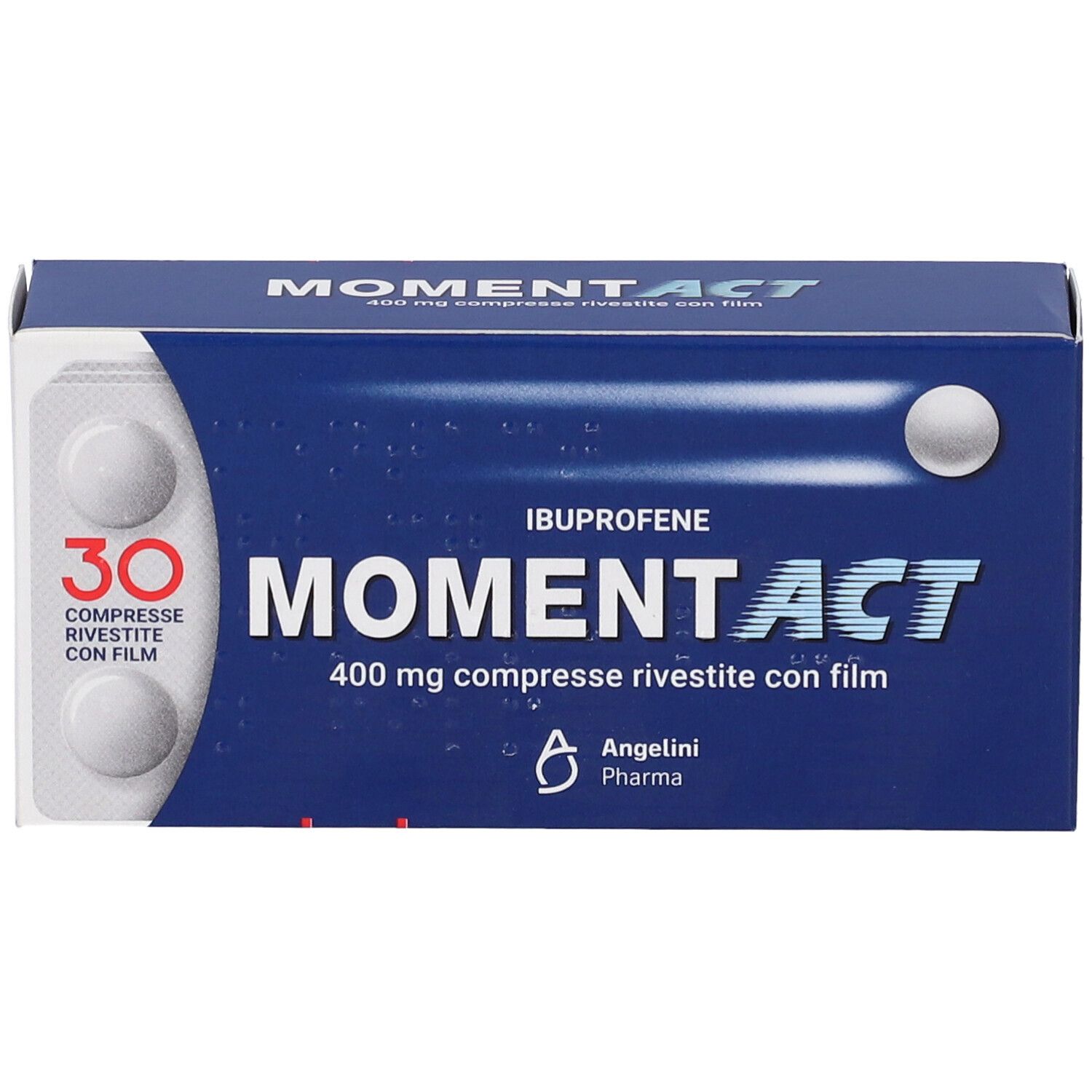 Scatola blu MOMENTACT con 30 compresse. Blister visibile. Informazioni sul prodotto.