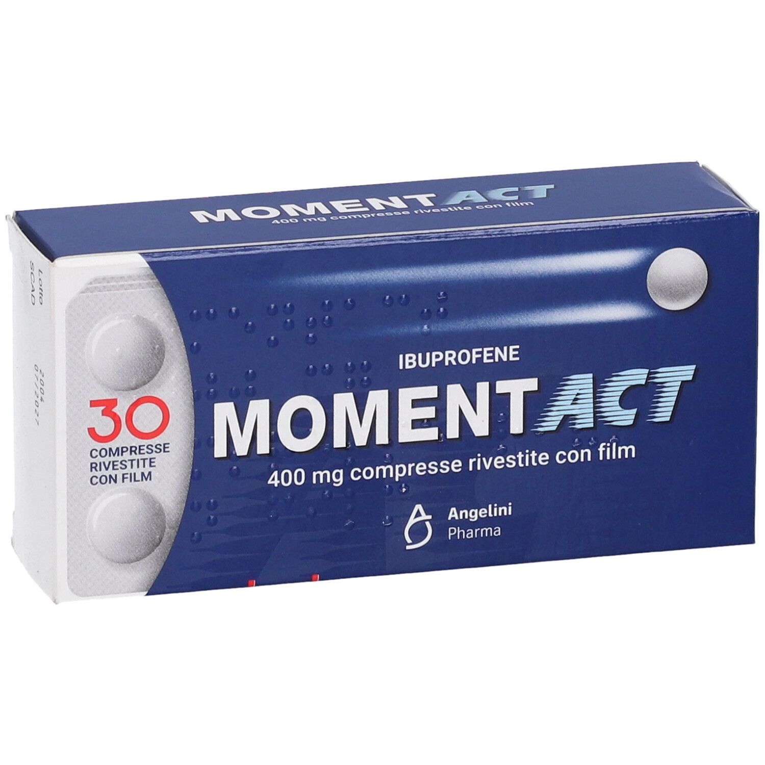 Scatola blu MOMENTACT con 30 compresse. Blister visibile. Informazioni sul prodotto.