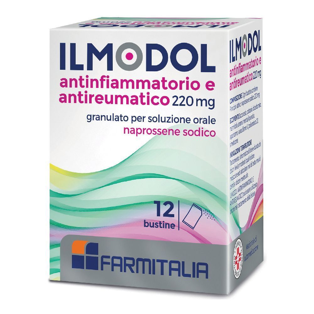 Scatola di ILMODOL Antinfiammatorio e Antireumatico 220 mg Granulato. 12 bustine. Marchio FARMITALIA.