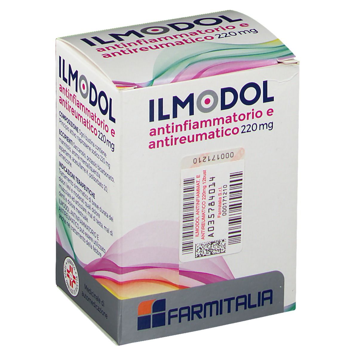 Scatola ILMODOL Antinfiammatorio e Antireumatico 220 mg Granulato. Retro con codice a barre e informazioni.