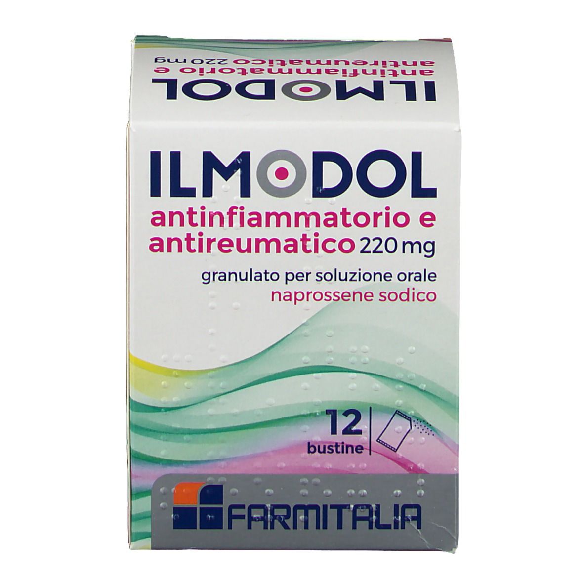 Scatola ILMODOL Antinfiammatorio e Antireumatico 220 mg Granulato. 12 bustine. Marchio FARMITALIA.