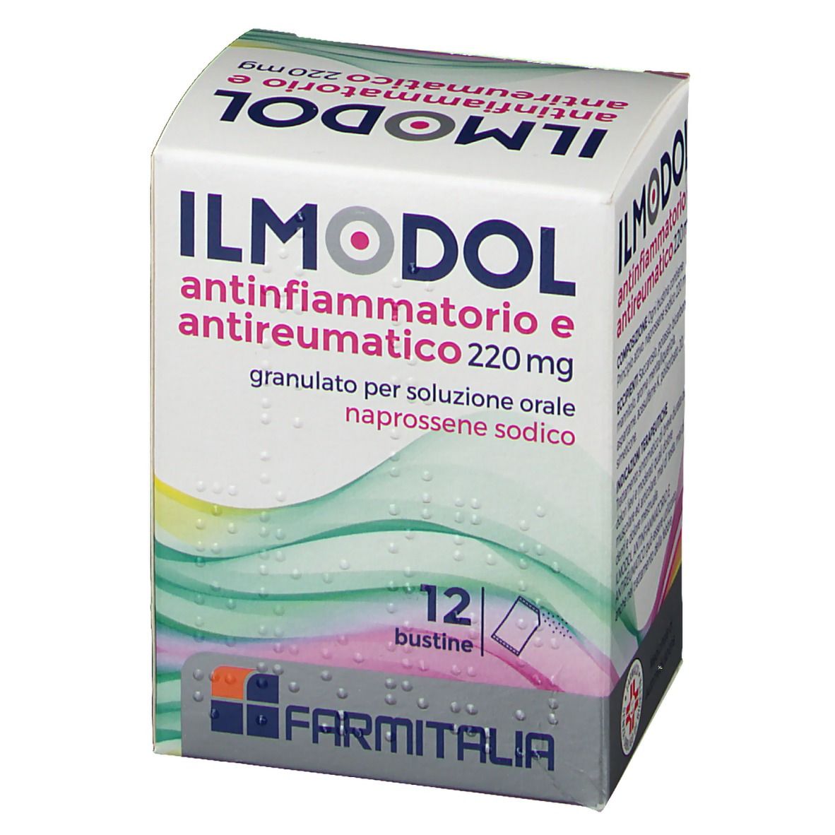 Scatola ILMODOL Antinfiammatorio e Antireumatico 220 mg Granulato. 12 bustine. Marchio FARMITALIA.