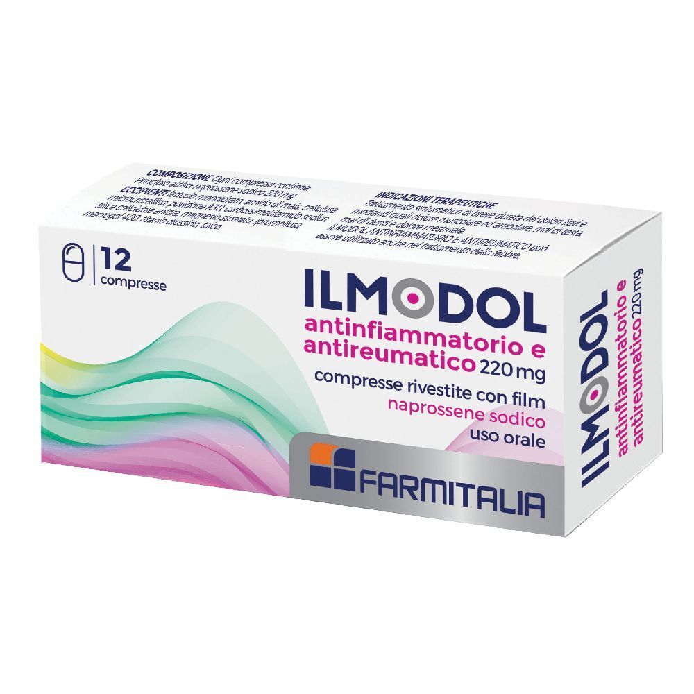 Scatola di compresse Ilmodol Antinfiammatorio E Antireumatico. 12 compresse. Scritta: 220 mg. Marchio: Farmitalia.
