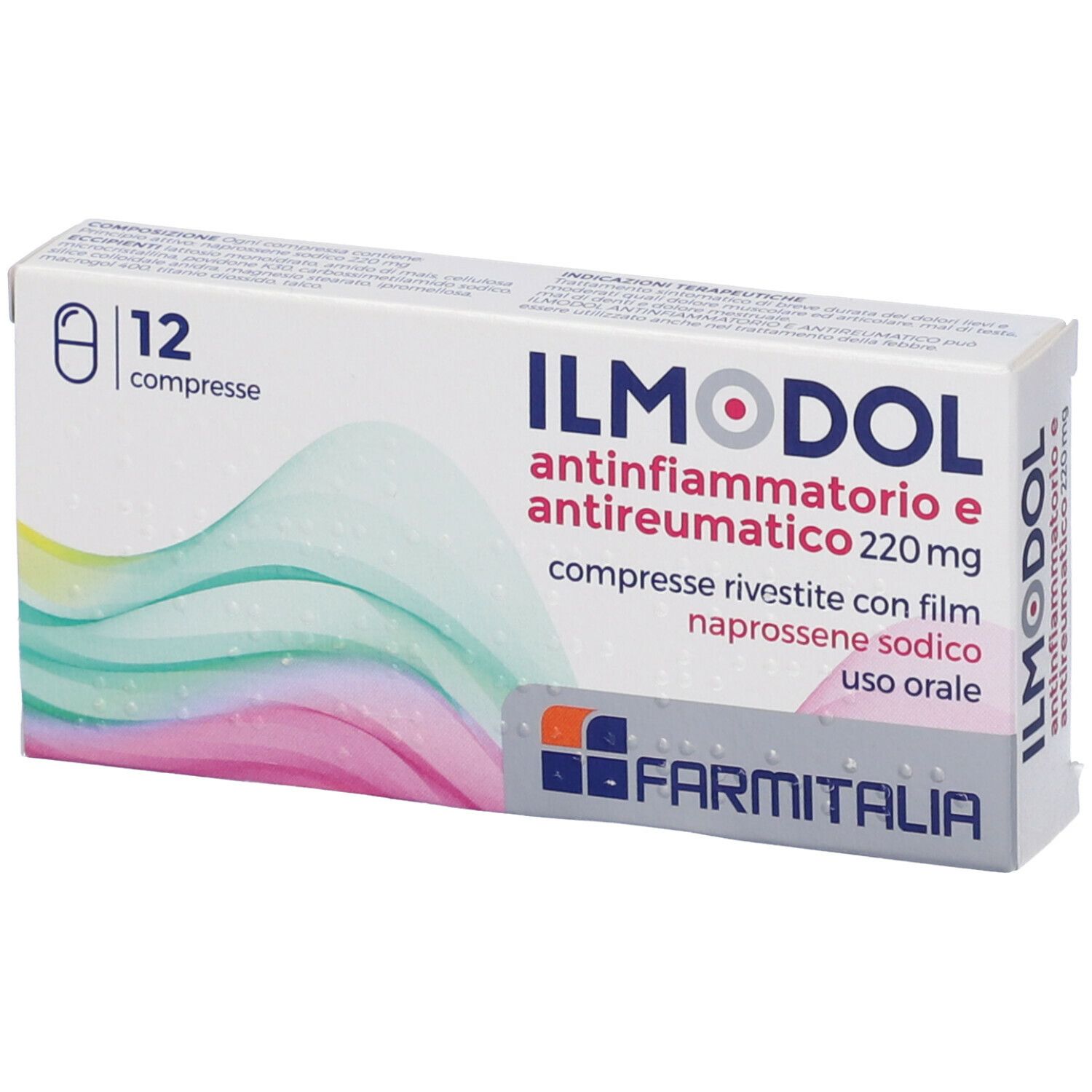 Scatola di compresse Ilmodol Antinfiammatorio E Antireumatico. 12 compresse. Scritta: 220 mg. Marchio: Farmitalia.