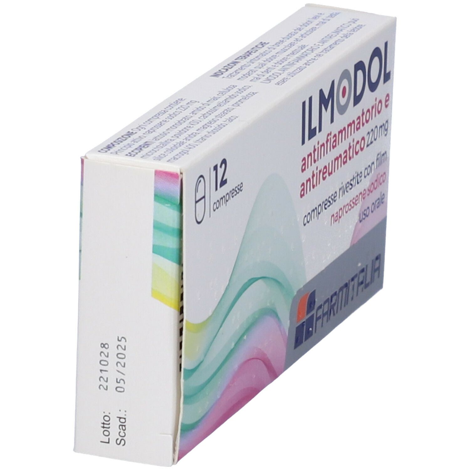 Scatola di compresse Ilmodol Antinfiammatorio E Antireumatico. 12 compresse. Scritta: 220 mg. Marchio: Farmitalia.