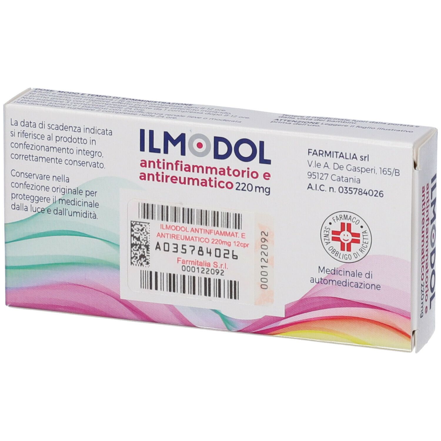 Scatola di compresse Ilmodol Antinfiammatorio E Antireumatico. 12 compresse. Scritta: 220 mg. Marchio: Farmitalia.