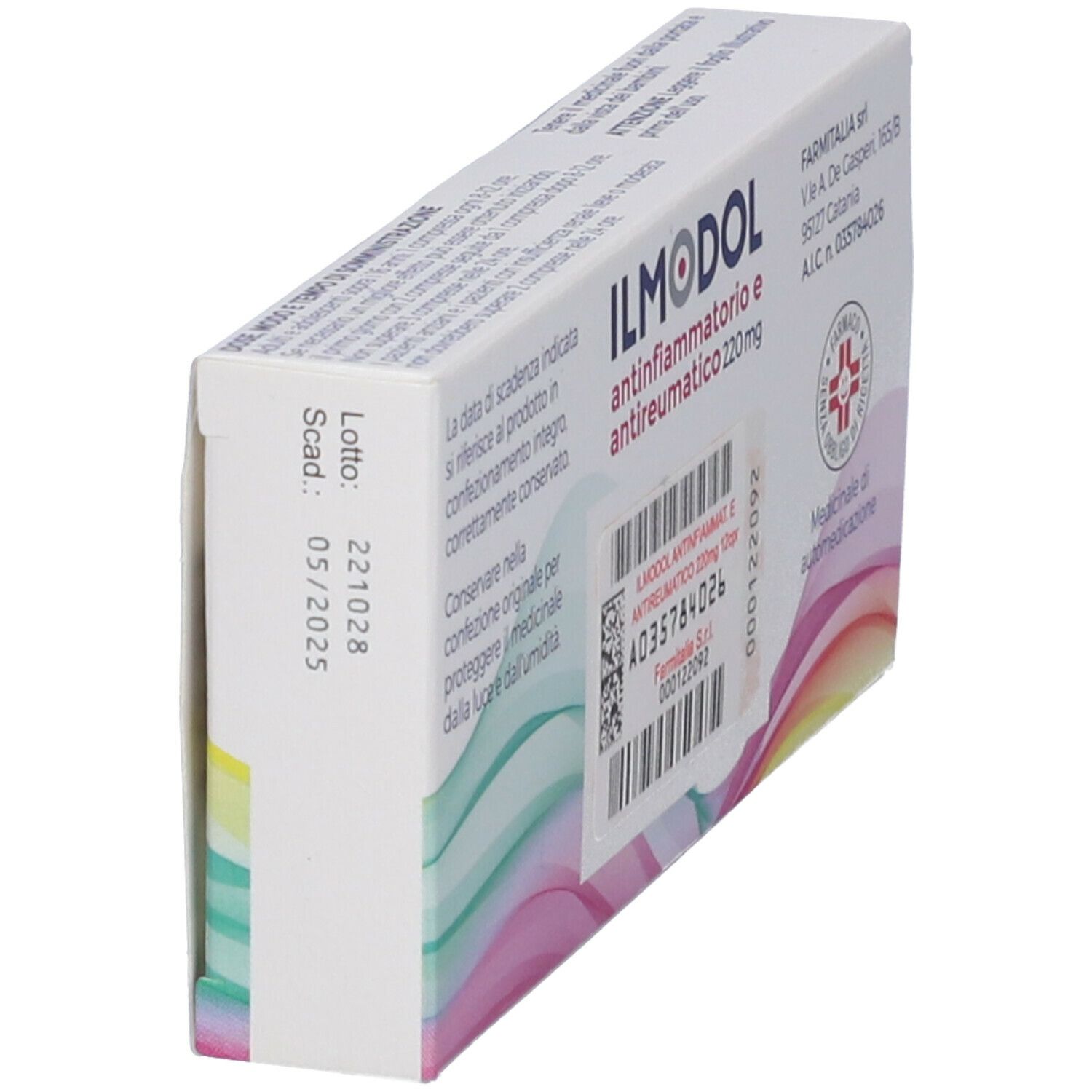 Scatola di compresse Ilmodol Antinfiammatorio E Antireumatico. 12 compresse. Scritta: 220 mg. Marchio: Farmitalia.