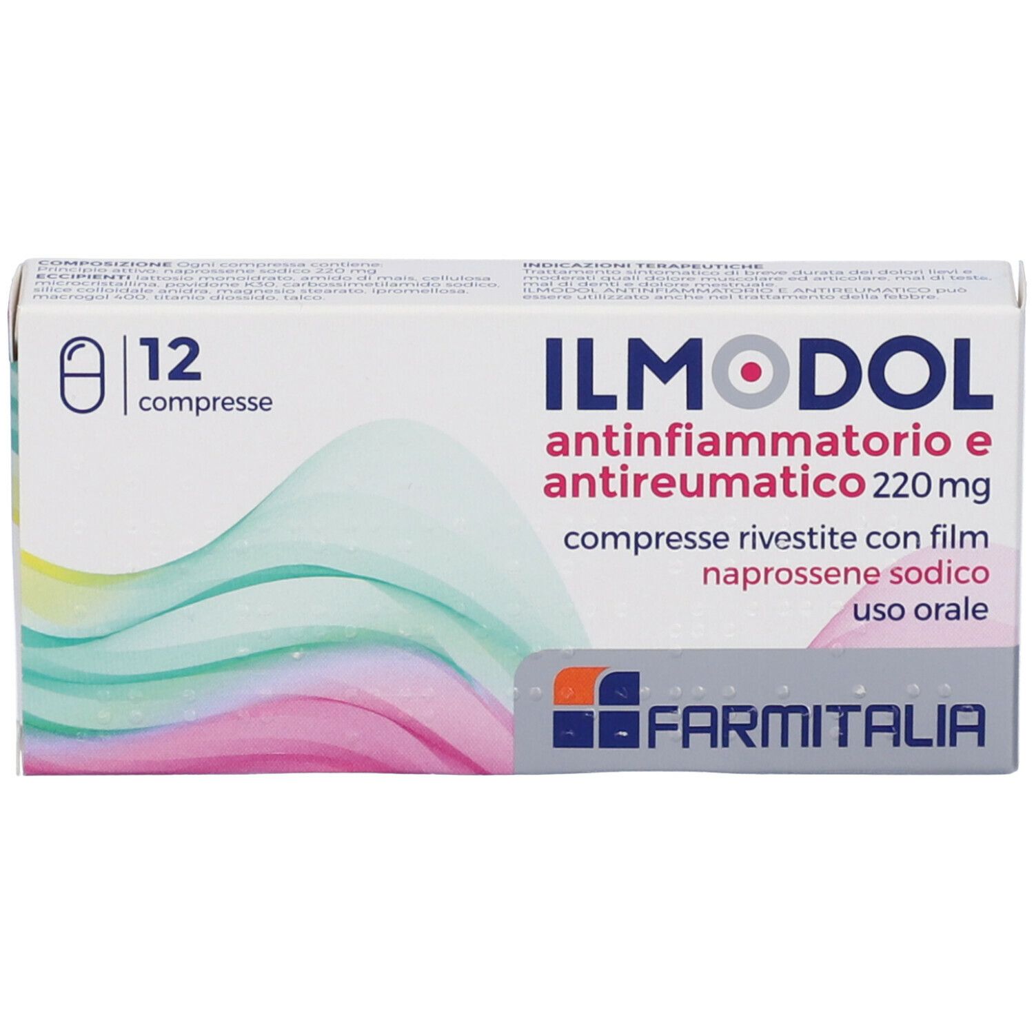 Scatola di compresse Ilmodol Antinfiammatorio E Antireumatico. 12 compresse. Scritta: 220 mg. Marchio: Farmitalia.