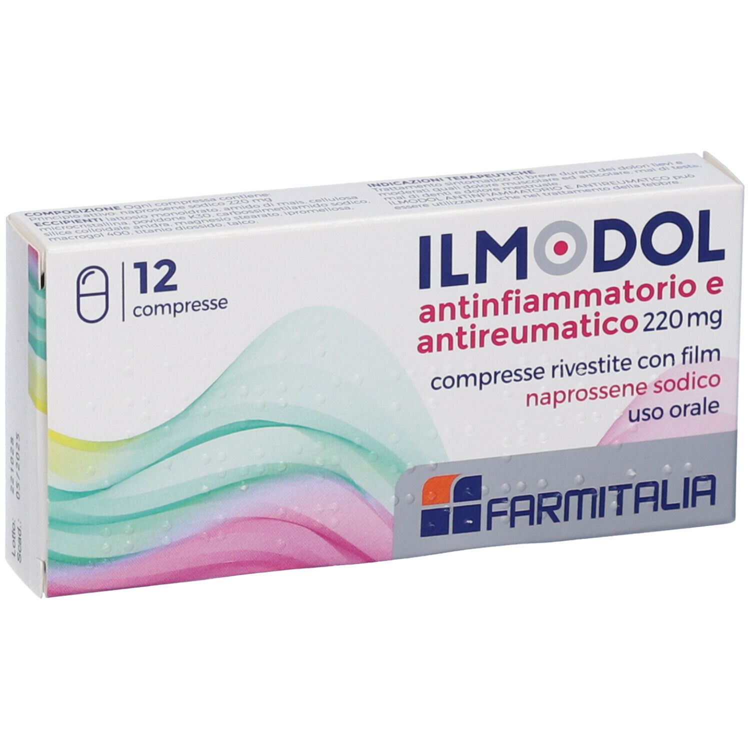 Scatola di compresse Ilmodol Antinfiammatorio E Antireumatico. 12 compresse. Scritta: 220 mg. Marchio: Farmitalia.