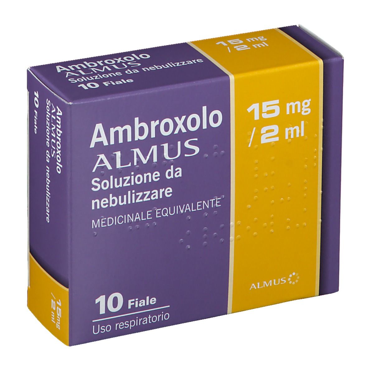 Scatola di soluzione Ambroxolo Almus. Colori viola e giallo. Testo: 10 fiale, 15 mg/2 ml.