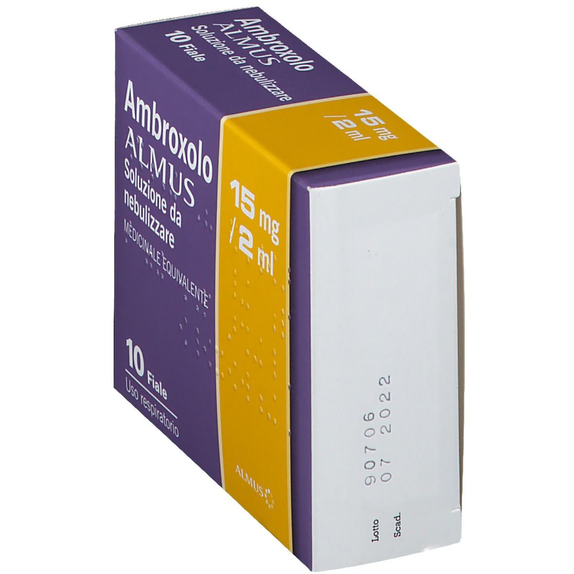 Scatola Ambroxolo Almus, vista laterale. Viola e giallo. Testo: 10 fiale, 15 mg/2 ml. Data di scadenza.