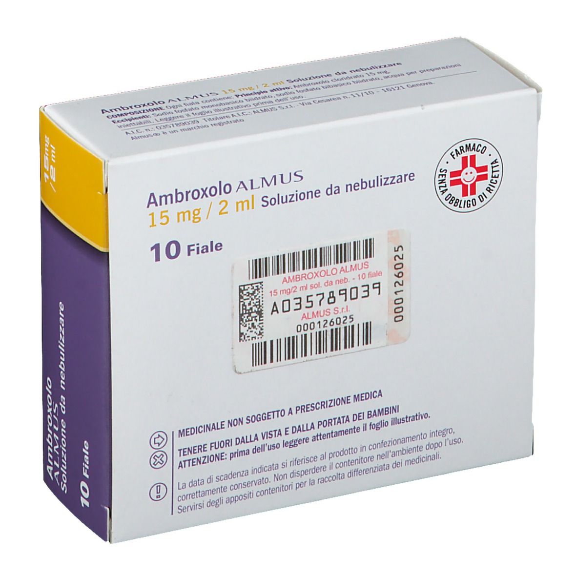 Retro della scatola Ambroxolo Almus. Testo: 10 fiale, 15 mg/2 ml. Codice a barre e logo farmacia.
