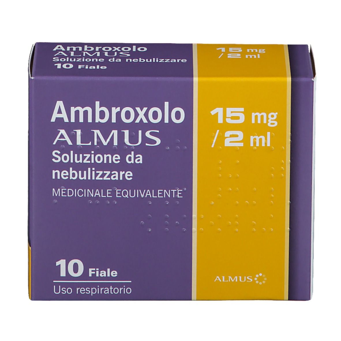 Scatola di soluzione Ambroxolo Almus. Colori viola e giallo. Testo: 10 fiale, 15 mg/2 ml.