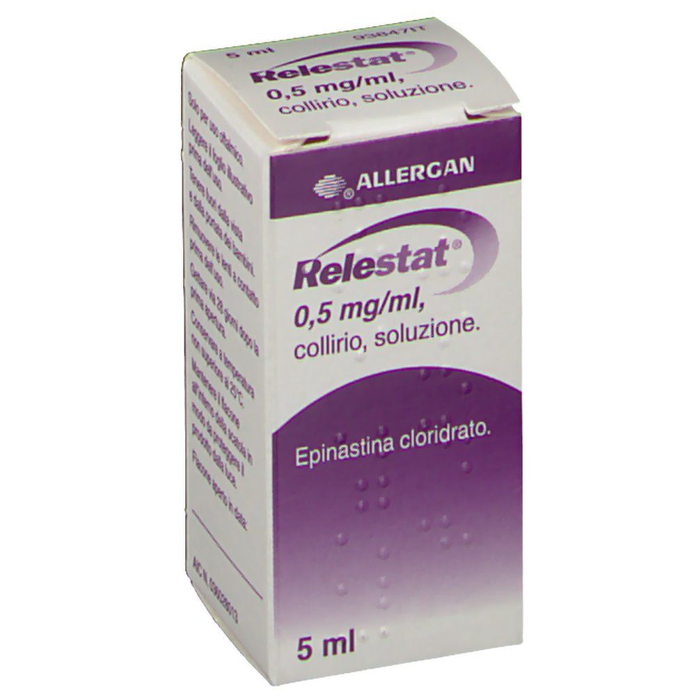 Scatola di Relestat® 0,5 mg/ml, collirio. Colori viola e bianco. Logo Allergan visibile. Contenuto 5 ml.