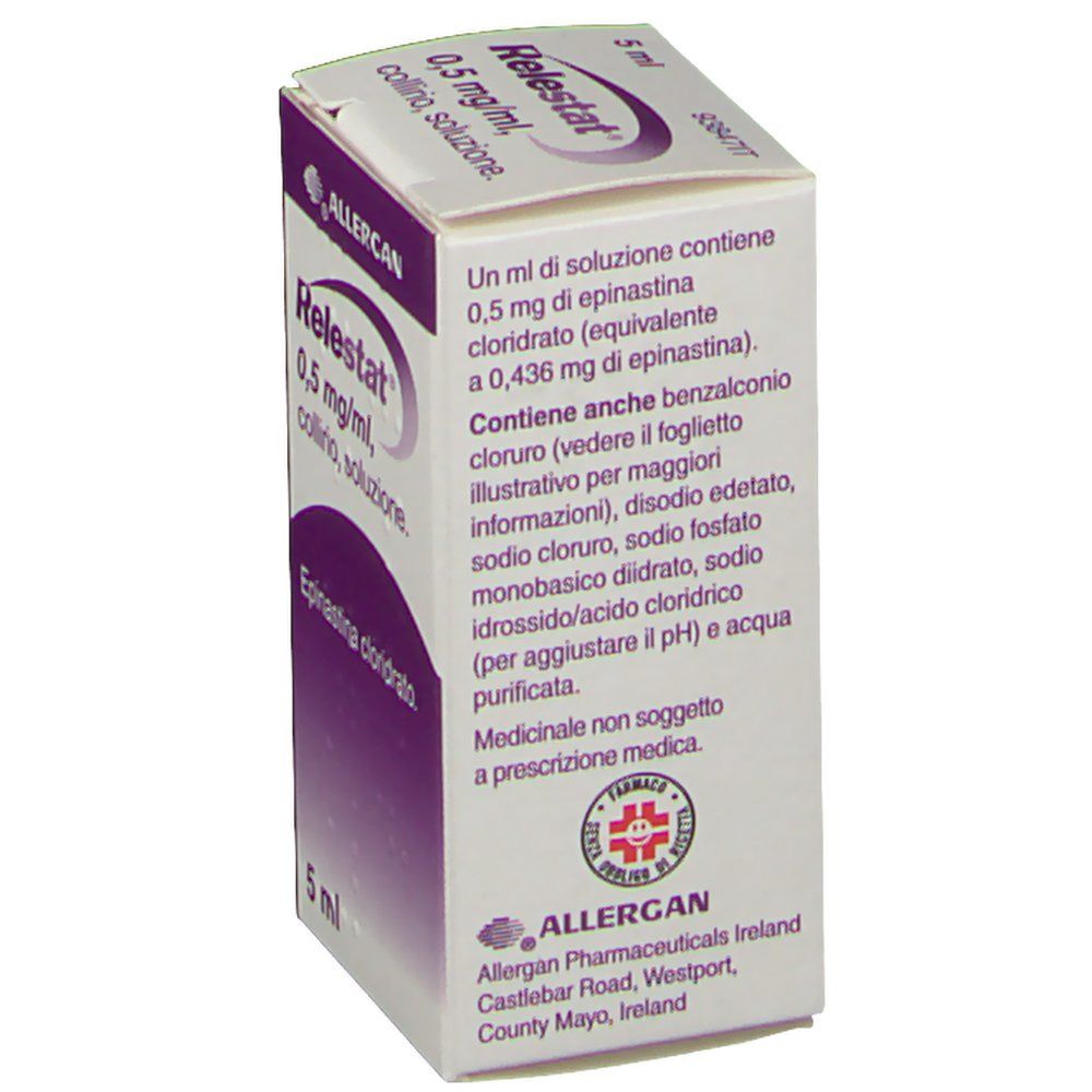 Retro della confezione di Relestat®. Testo in italiano. Logo e indirizzo Allergan. Contenuto 5 ml.