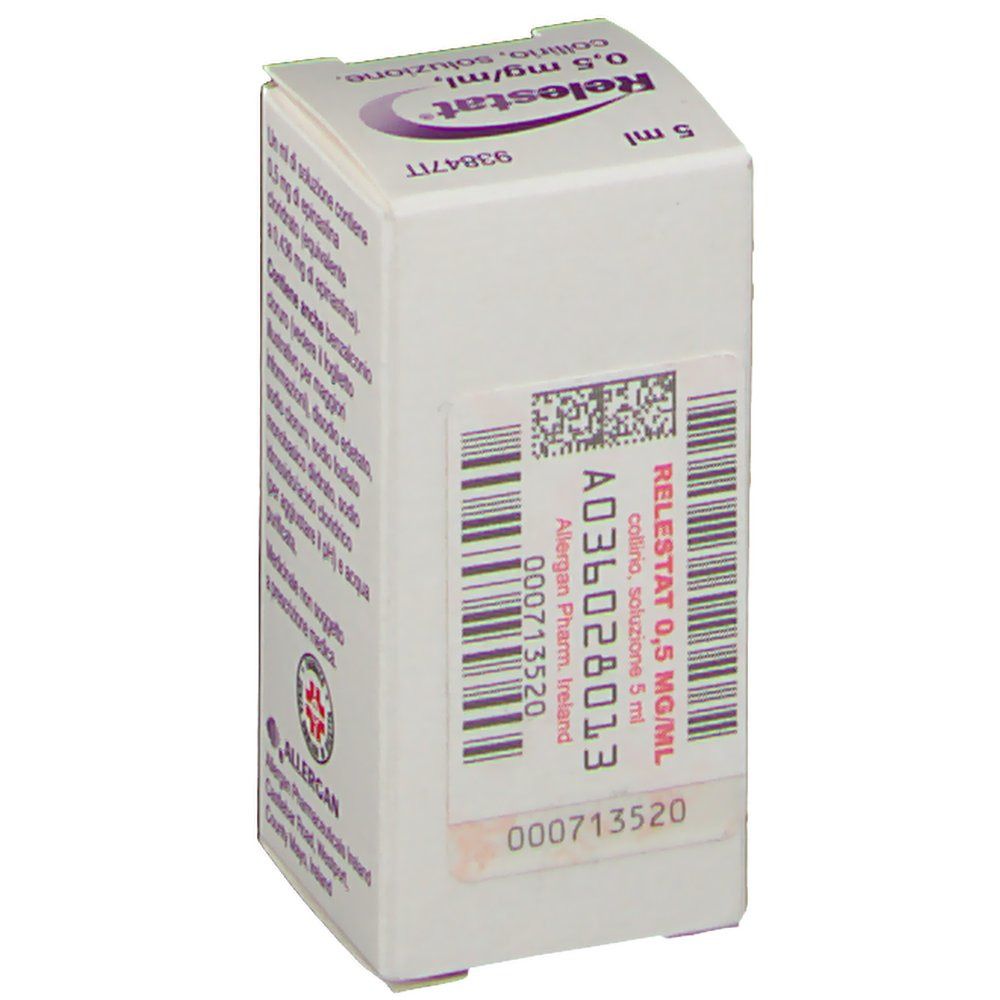 Lato della confezione di Relestat® con codice a barre e informazioni sul prodotto. Testo in italiano. 5 ml.