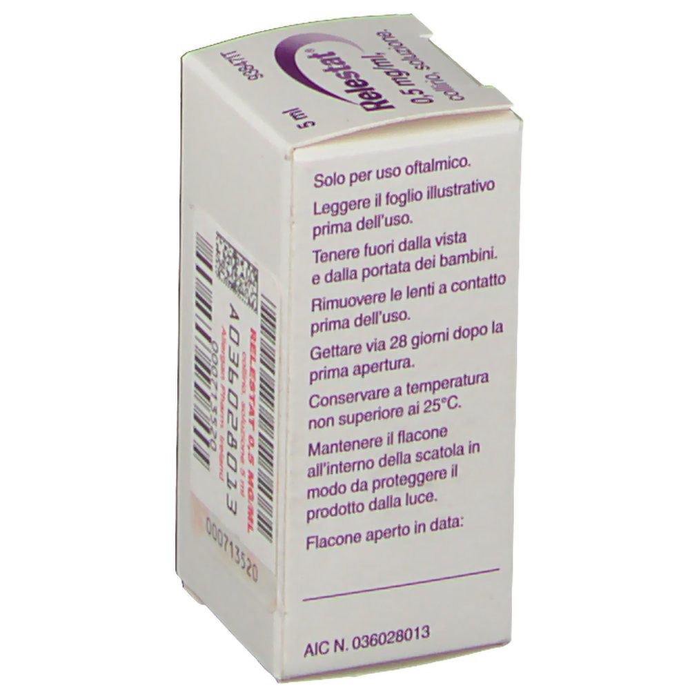 Lato della confezione di Relestat® con istruzioni per l'uso. Testo in italiano. 5 ml.