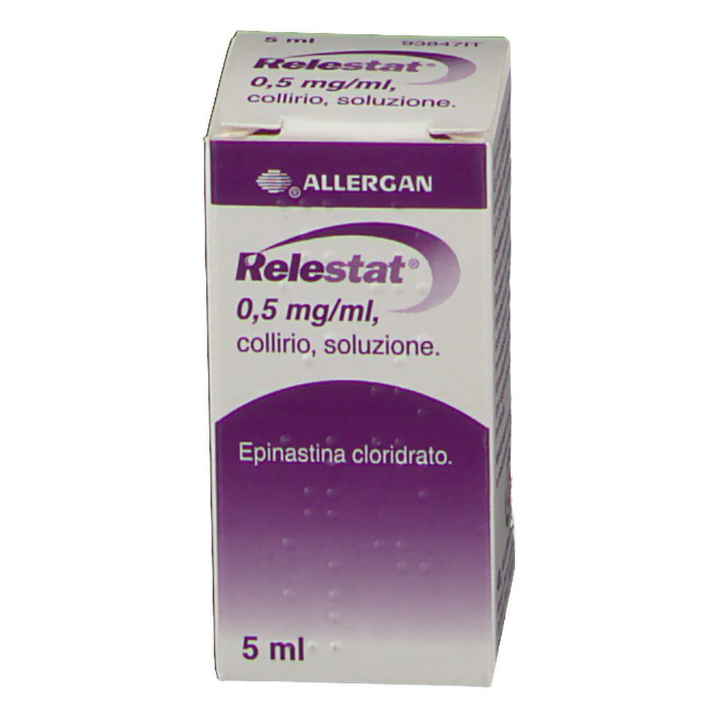Fronte della confezione di Relestat®. Nome del prodotto, dosaggio e ingredienti. Logo Allergan. 5 ml.