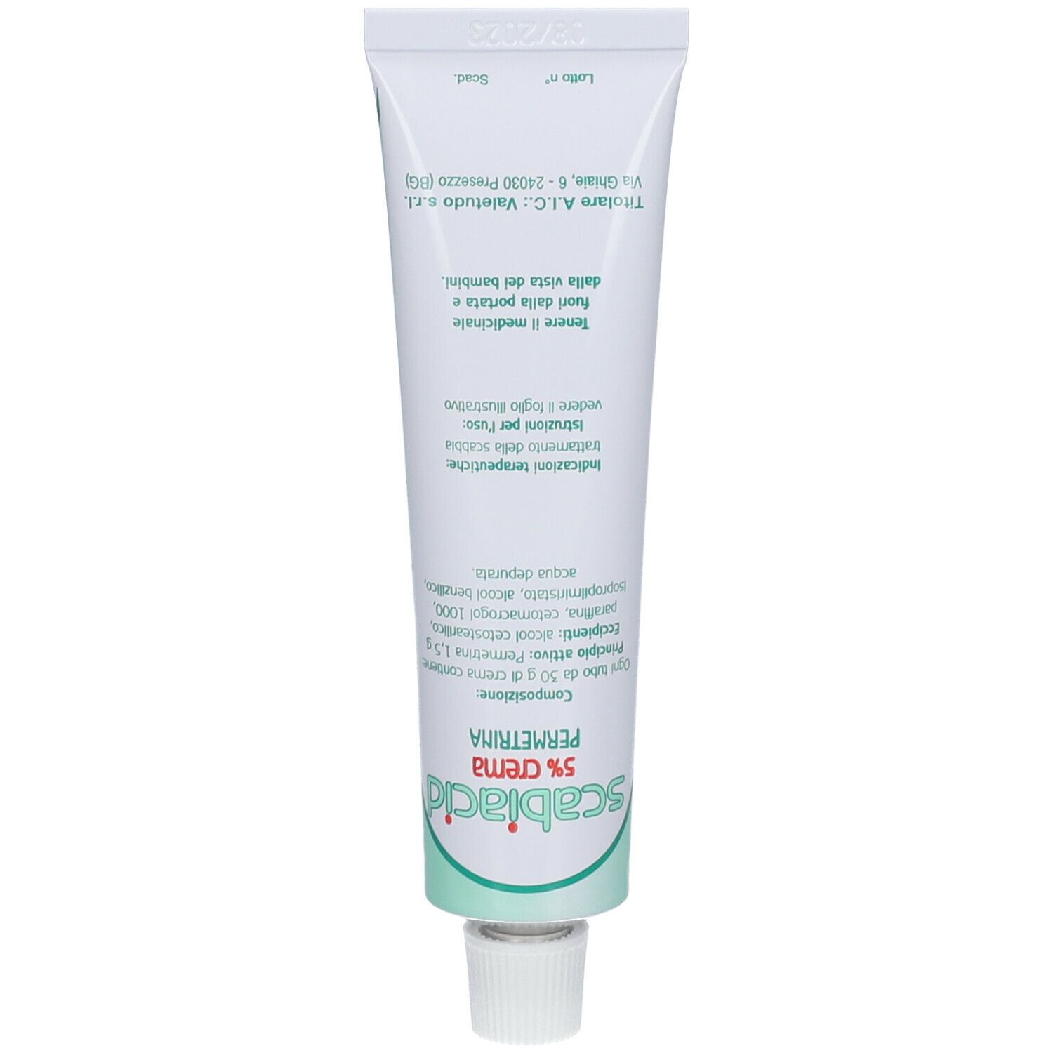 Retro del tubo di crema Scabiacid 5% crema. Informazioni su composizione e uso.