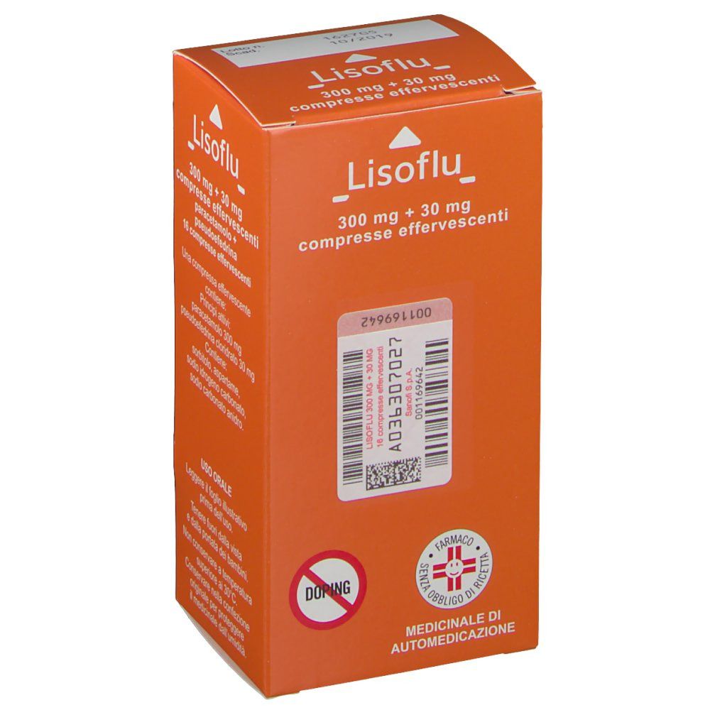 Scatola arancione con nome del prodotto e scritta '300 mg + 30 mg compresse effervescenti'. Logo farmacia e codice a barre.