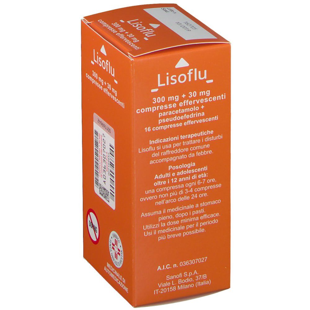 Scatola arancione, nome del prodotto e scritta '300 mg + 30 mg compresse effervescenti'. Testo su ingredienti e dosaggio.