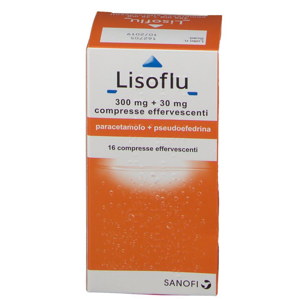 Confezione del prodotto con nome e scritta '300 mg + 30 mg compresse effervescenti'. Contiene paracetamolo e pseudoefedrina.