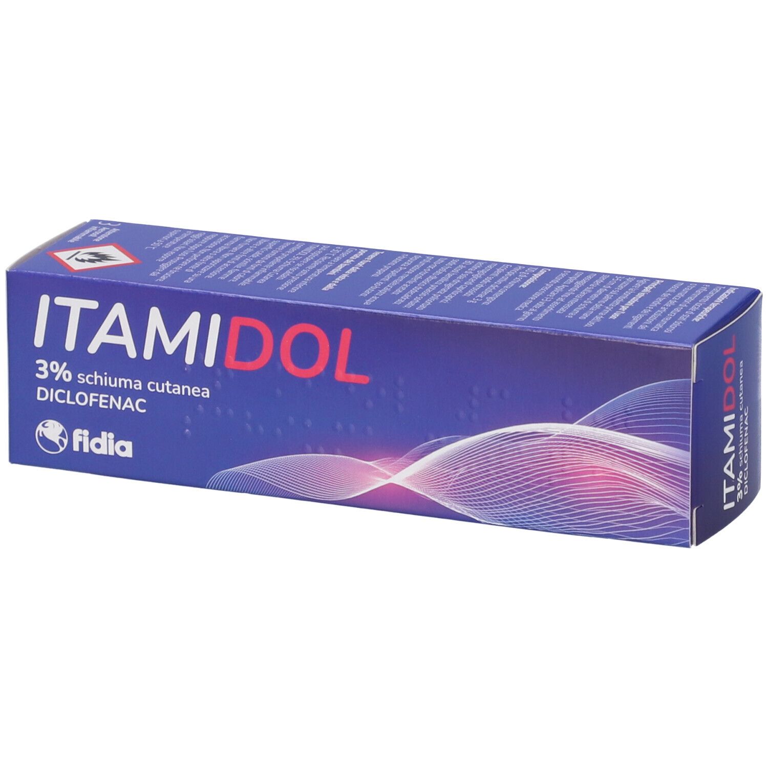 Scatola blu con scritta ITAMIDOL 3% Schiuma Cutanea, Diclofenac. Marchio Fidla. Avvertenza e simbolo rosso.