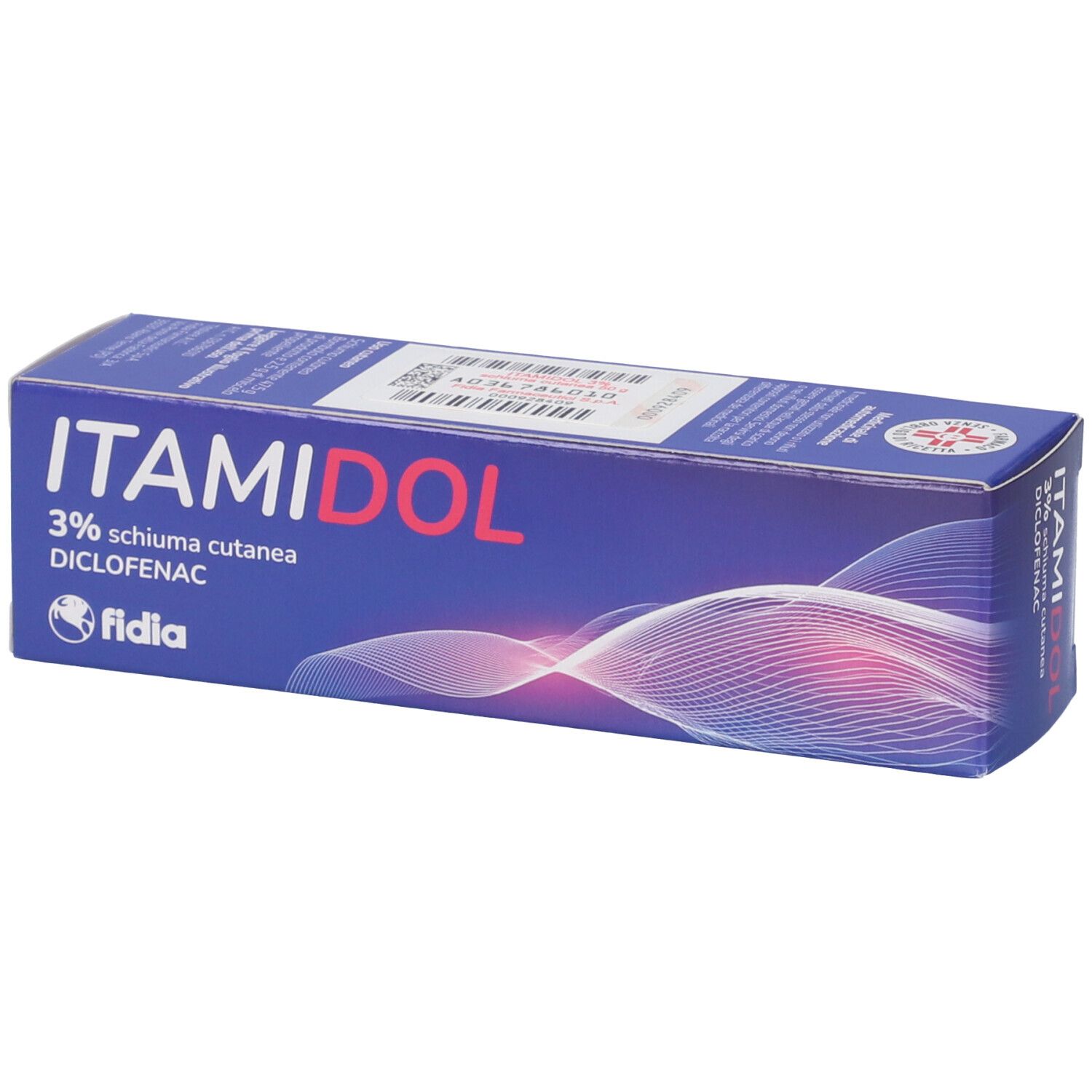 Scatola blu con scritta ITAMIDOL 3% Schiuma Cutanea, Diclofenac. Marchio Fidla. Vista dettagliata della confezione.
