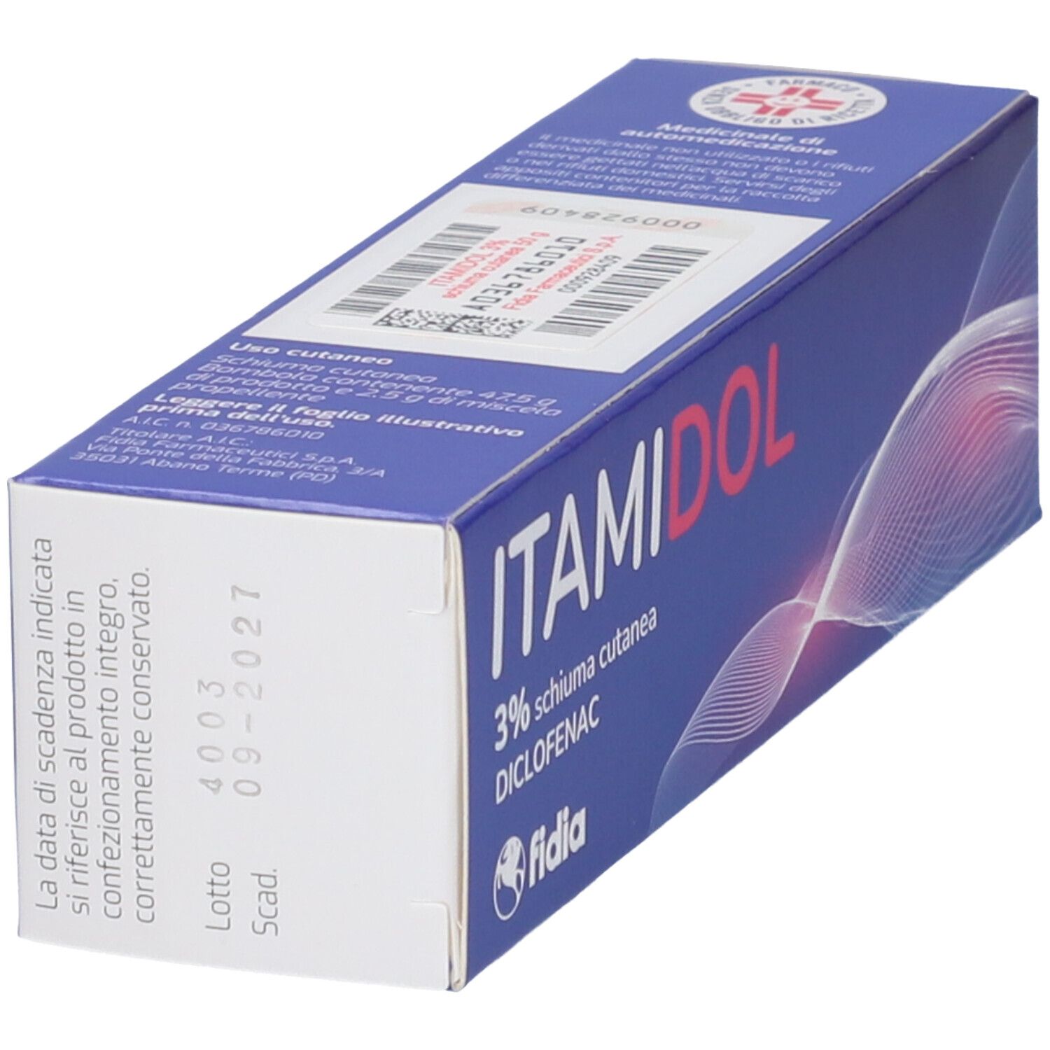 Scatola blu con scritta ITAMIDOL 3% Schiuma Cutanea, Diclofenac. Marchio Fidla. Vista dettagliata della confezione.