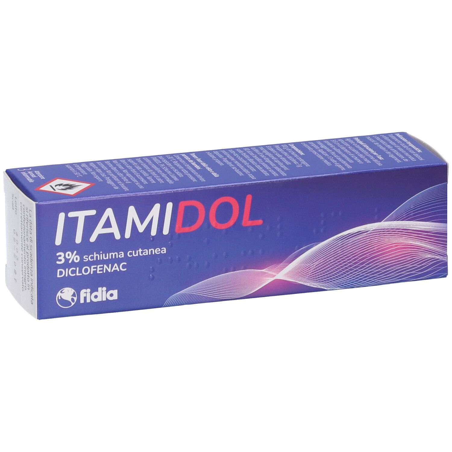 Scatola blu con scritta ITAMIDOL 3% Schiuma Cutanea, Diclofenac. Marchio Fidla. Vista dettagliata della confezione.