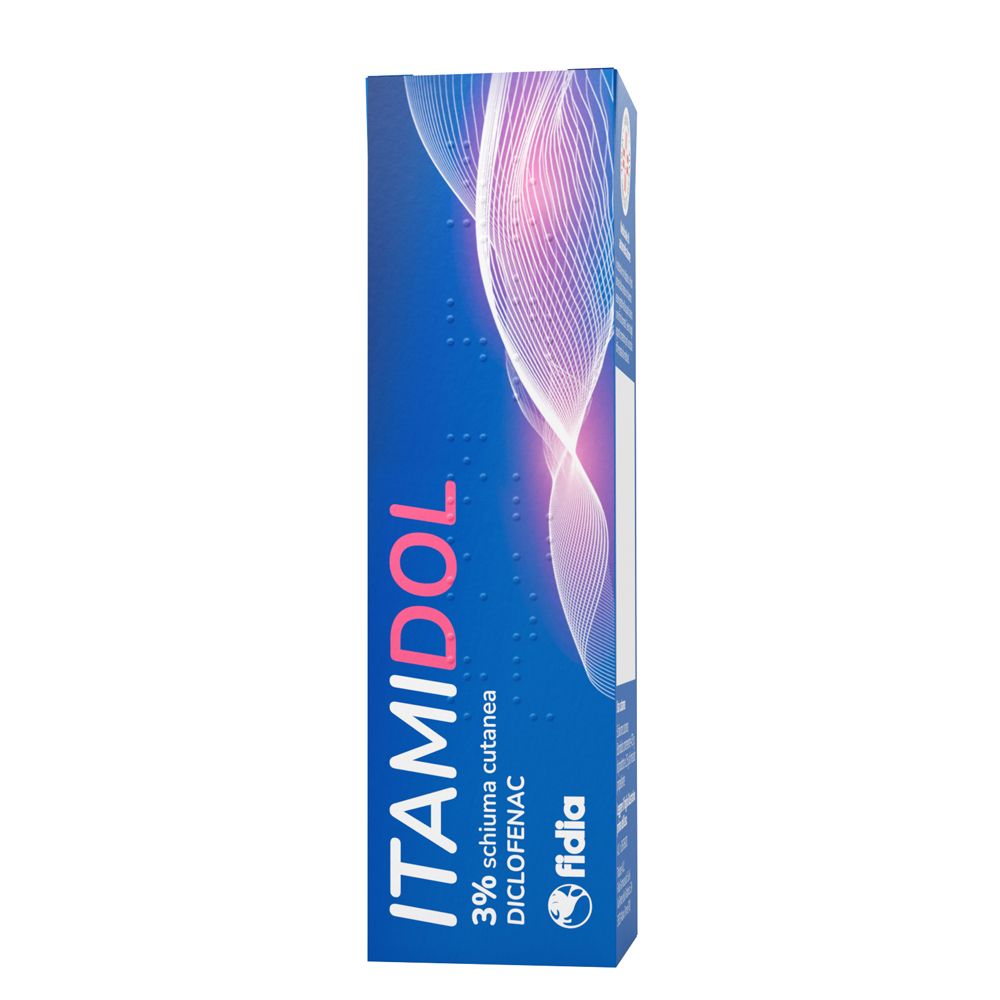Scatola blu con scritta bianca ITAMIDOL 3% Schiuma Cutanea, Diclofenac. Marchio Fidla. Raffigurata un'onda rossa.