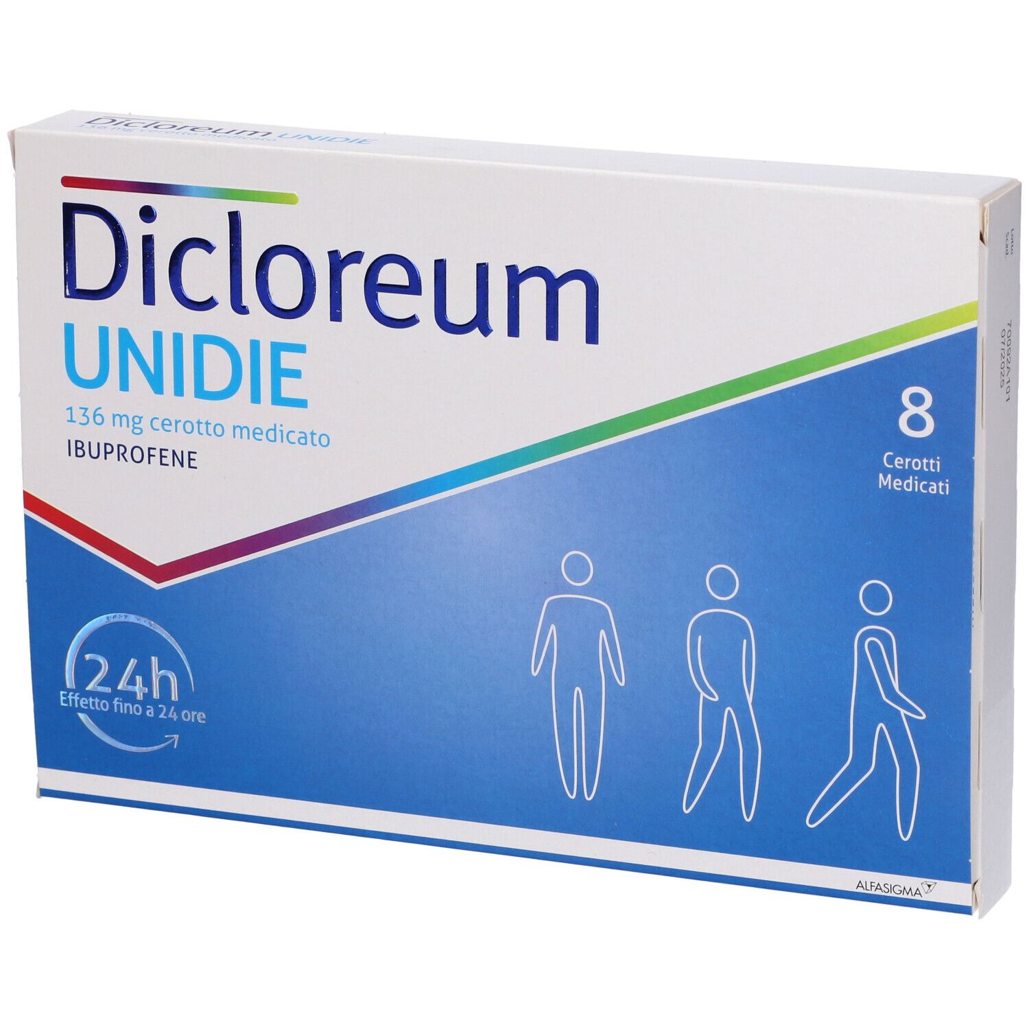 Confezione di Dicloreum Unidie 136 mg Cerotto medicato. 8 cerotti. Confezione blu e bianca con nome e logo del prodotto.