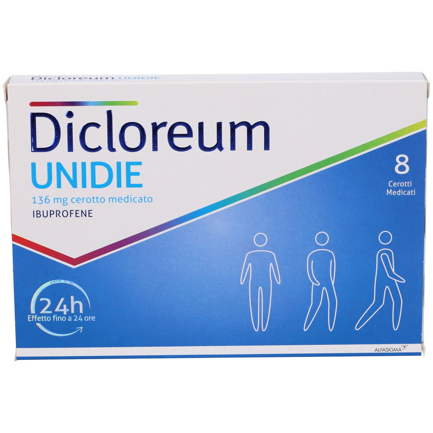 Confezione di Dicloreum Unidie 136 mg Cerotto medicato. 8 cerotti. Confezione blu e bianca con nome e logo del prodotto.