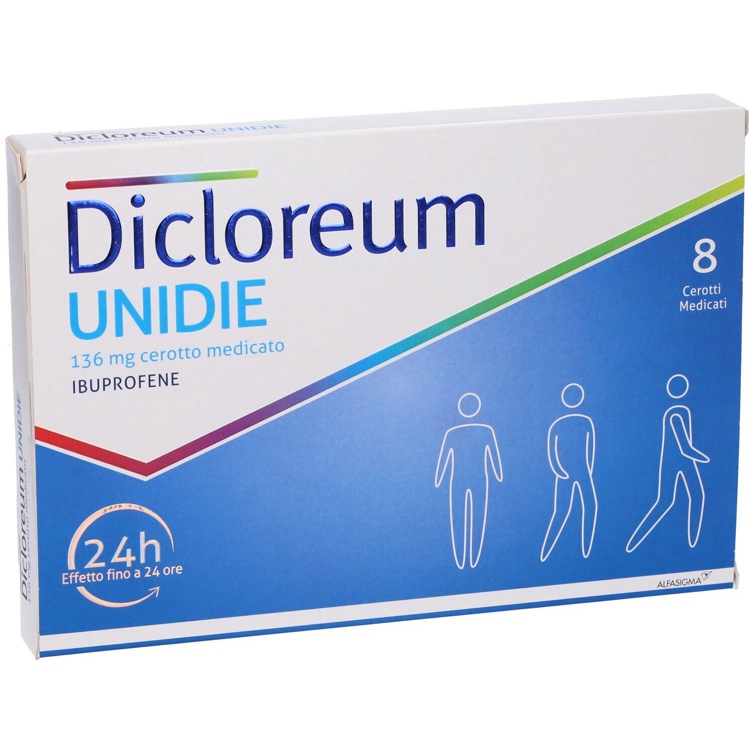 Confezione di Dicloreum Unidie 136 mg Cerotto medicato. 8 cerotti. Confezione blu e bianca con nome e logo del prodotto.