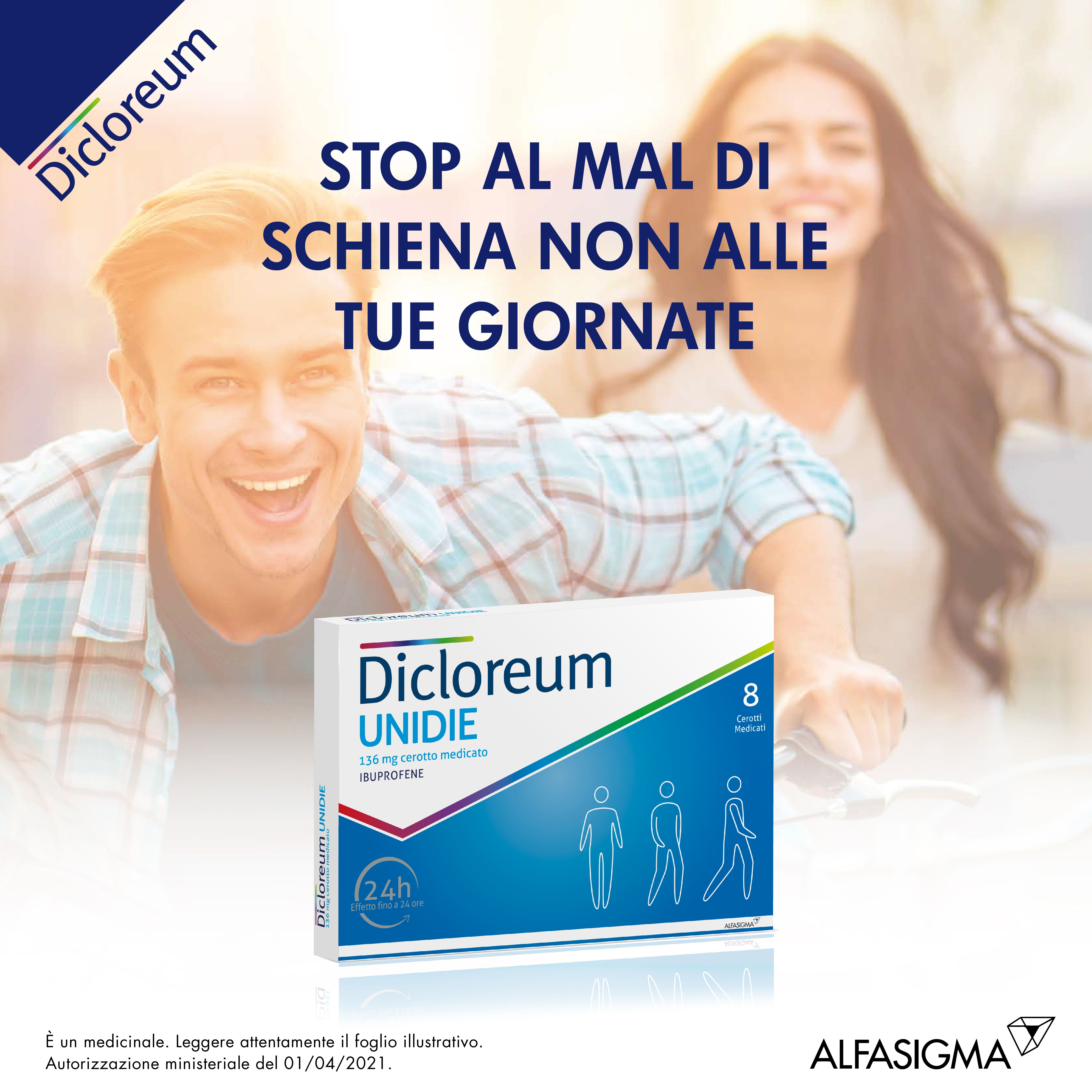 Pubblicità con confezione Dicloreum Unidie. Giovane donna e uomo sorridenti. Testo: 'Stop al mal di schiena non alle tue giornate'.