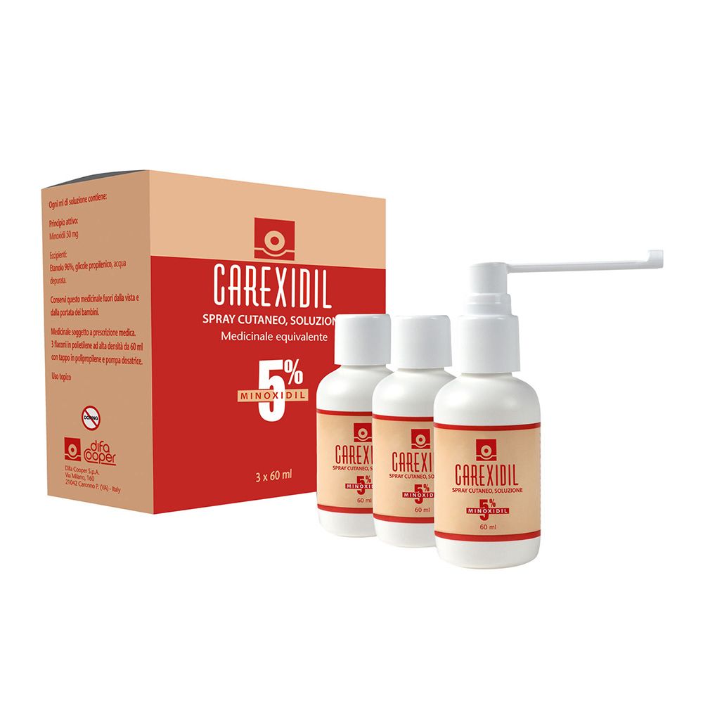 Confezione CAREXIDIL con tre flaconi e applicatore spray. Nome prodotto e 5% Minoxidil ben visibili.