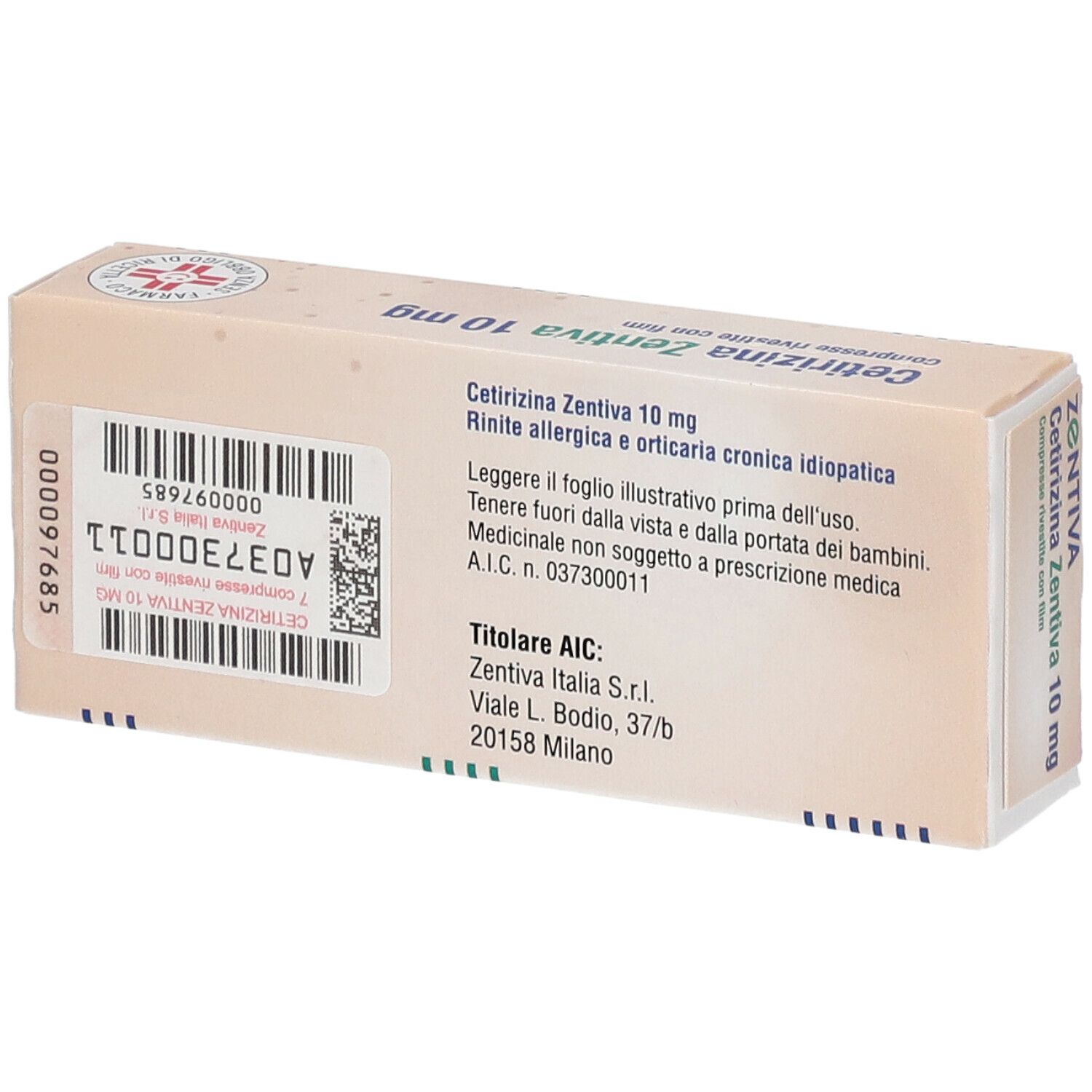 Retro della scatola di compresse ZENTIVA Cetirizina Zentiva 10 mg. Informazioni testuali e codice a barre.