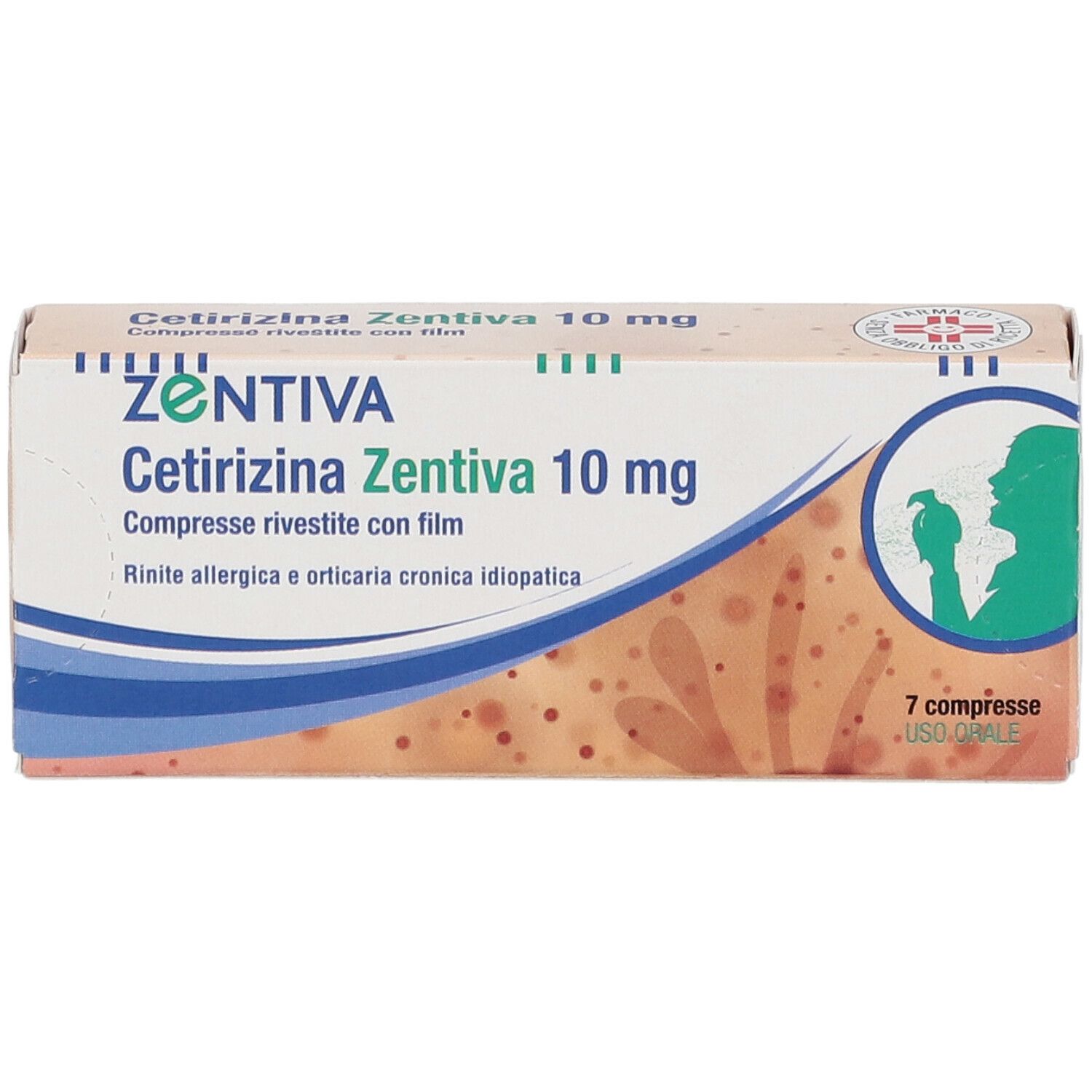 Scatola di compresse ZENTIVA Cetirizina Zentiva 10 mg. Scritto: 7 compresse, U.S.O. ORALE. Illustrazione di una persona.