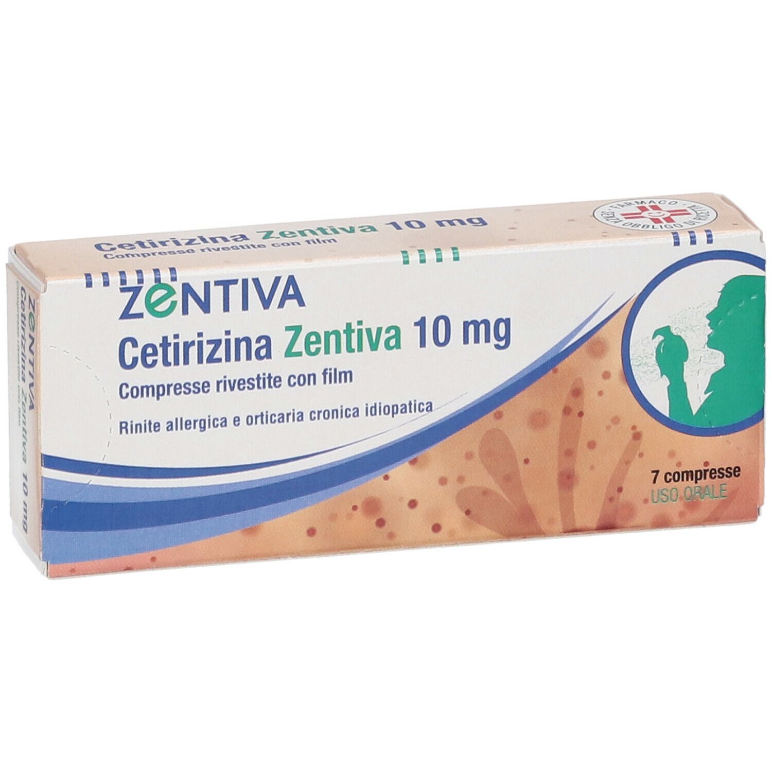 Scatola di compresse ZENTIVA Cetirizina Zentiva 10 mg. Scritto: 7 compresse, U.S.O. ORALE. Illustrazione di una persona.