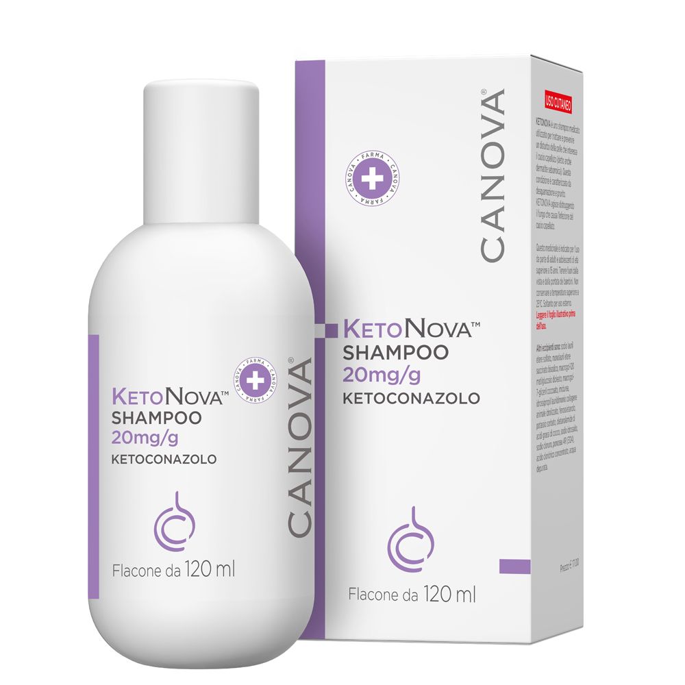 Flacone e scatola di shampoo Canova KetoNova. Scritto: KetoNova Shampoo 20mg/g Ketoconazolo. Flacone: 120 ml.
