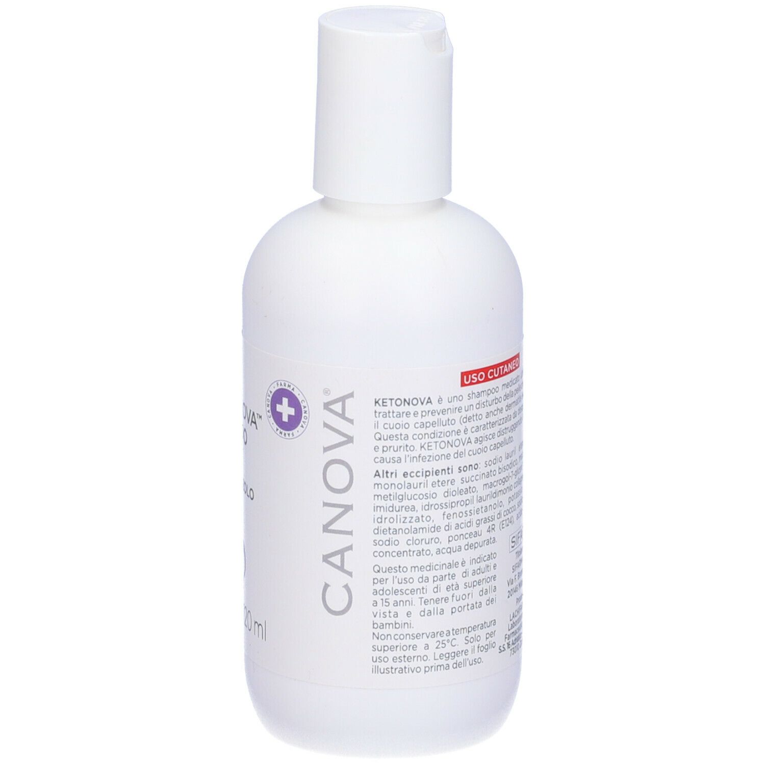 Lato del flacone bianco di shampoo Canova KetoNova. Scritto: KetoNova Shampoo 20mg/g Ketoconazolo. Flacone: 120 ml.