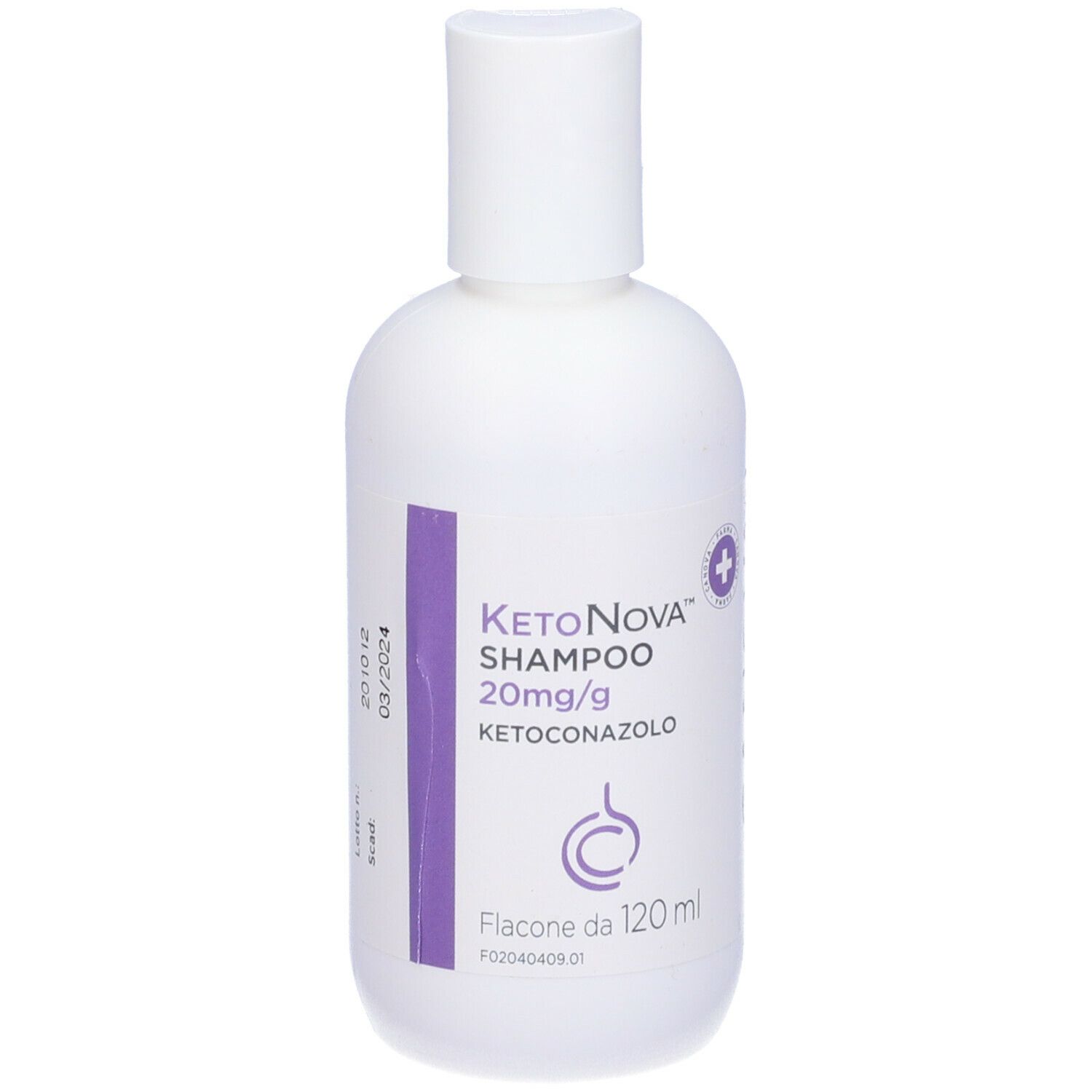 Lato del flacone bianco di shampoo Canova KetoNova. Scritto: KetoNova Shampoo 20mg/g Ketoconazolo. Flacone: 120 ml.