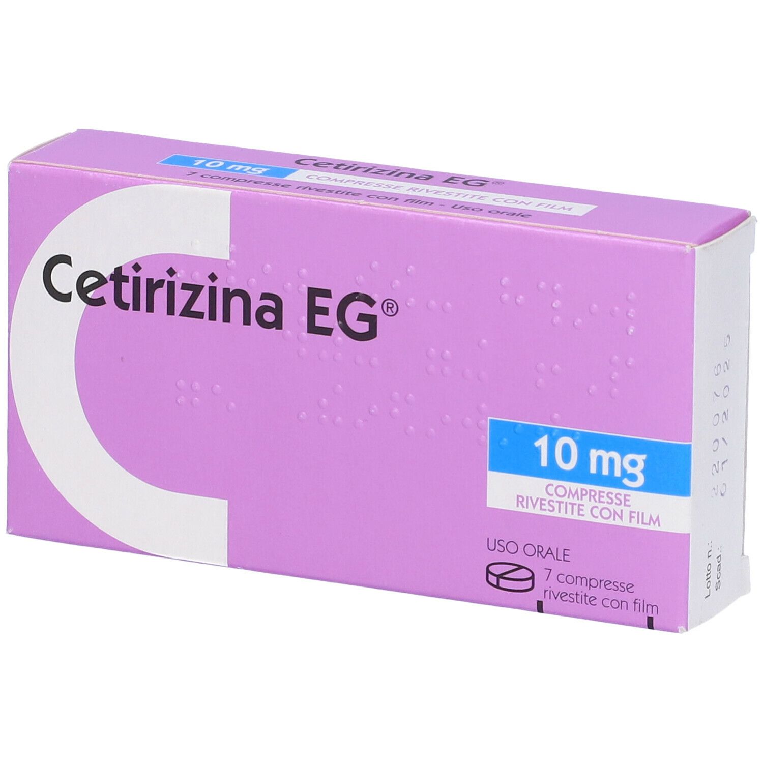 Scatola di Cetirizina EG 10 mg compresse. Confezione viola con testo bianco. 7 compresse.