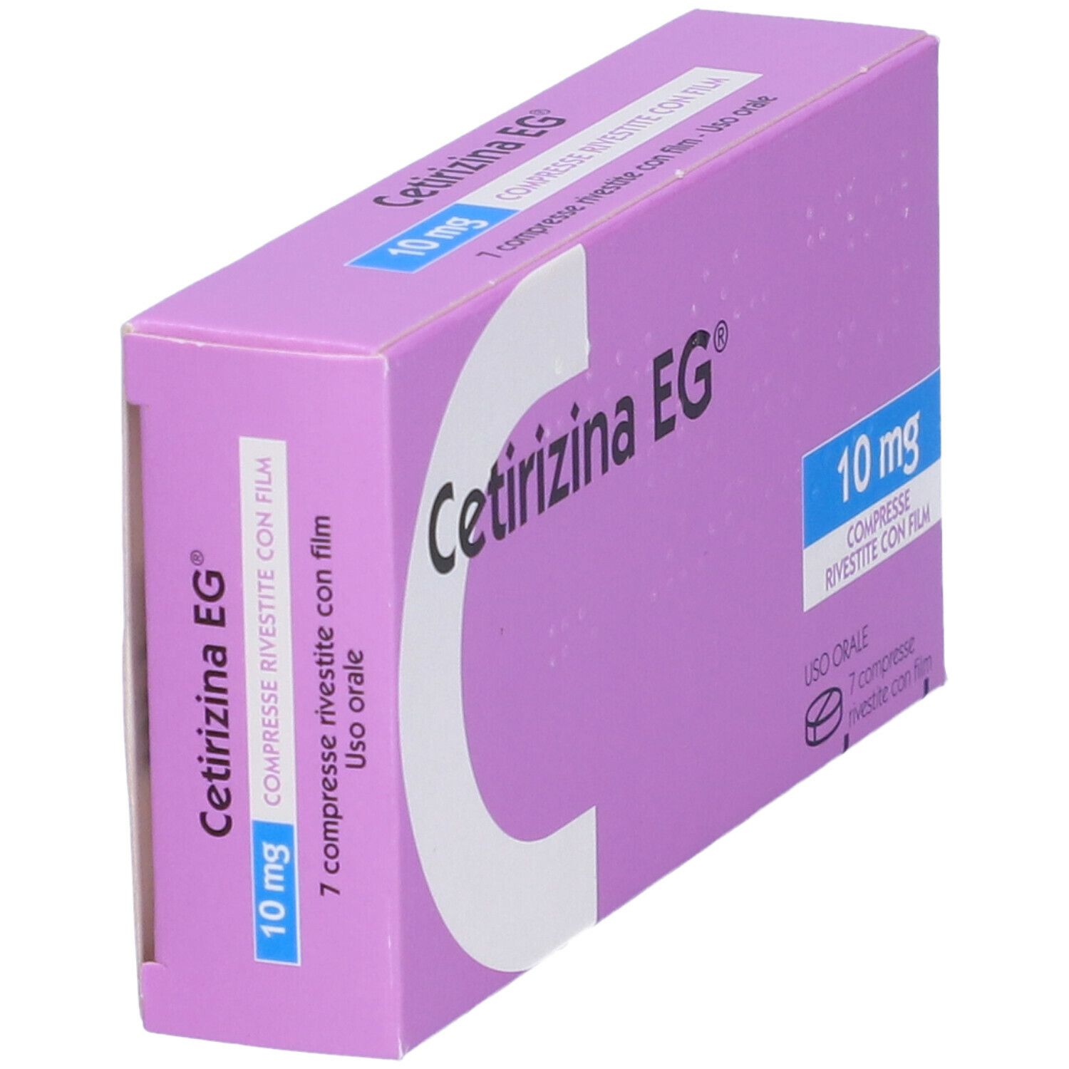 Scatola Cetirizina EG 10 mg. Confezione viola, testo bianco. Vista obliqua. 7 compresse.