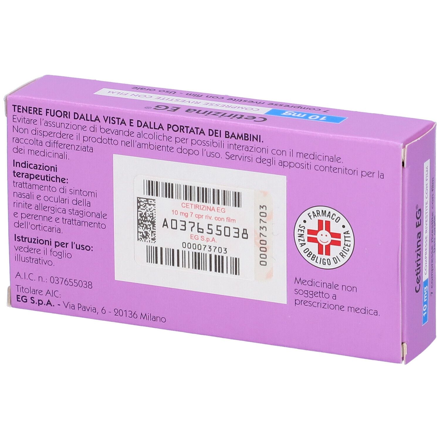 Retro della scatola Cetirizina EG 10 mg. Informazioni e codice a barre. Confezione viola.