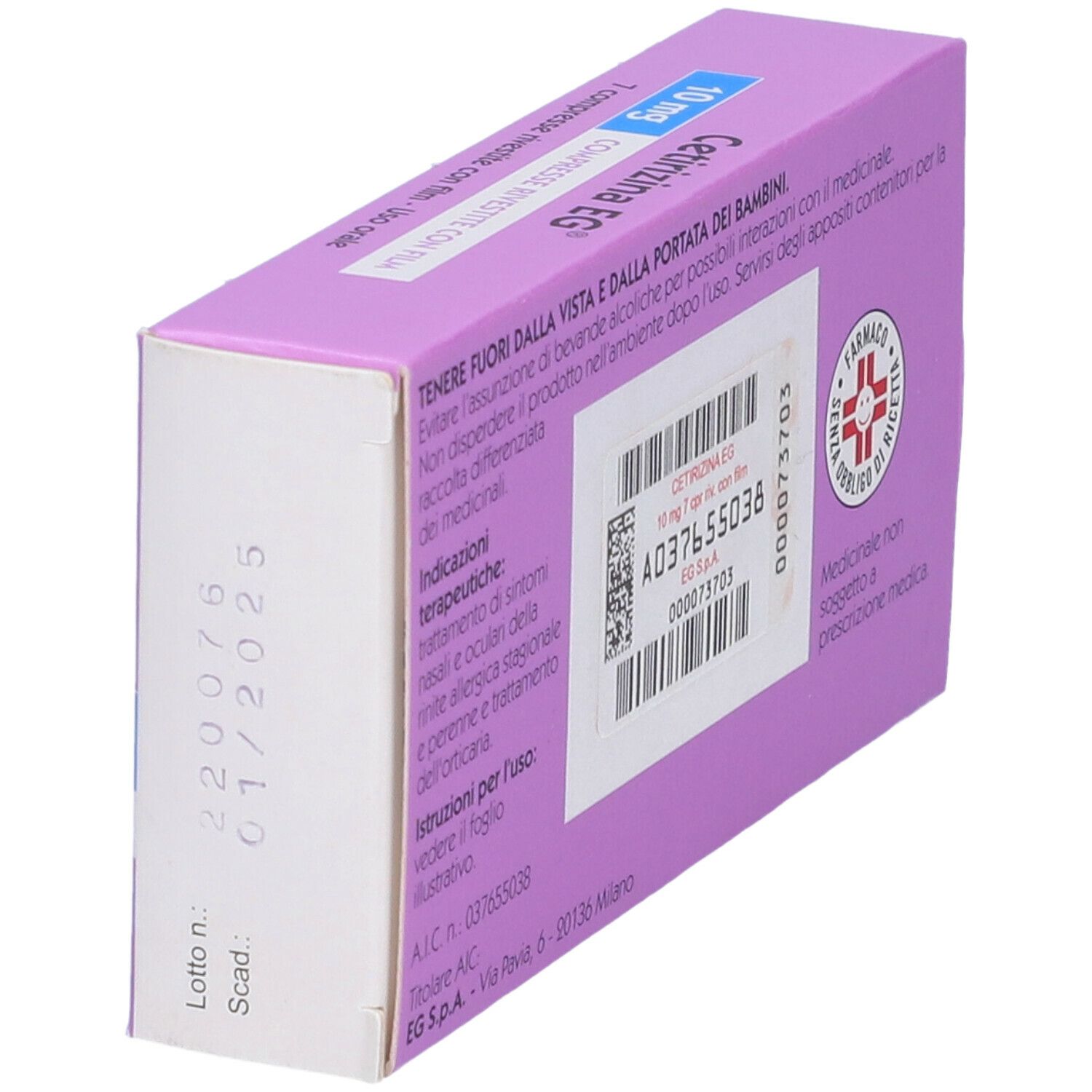 Retro della scatola Cetirizina EG 10 mg. Informazioni e data di scadenza. Confezione viola.