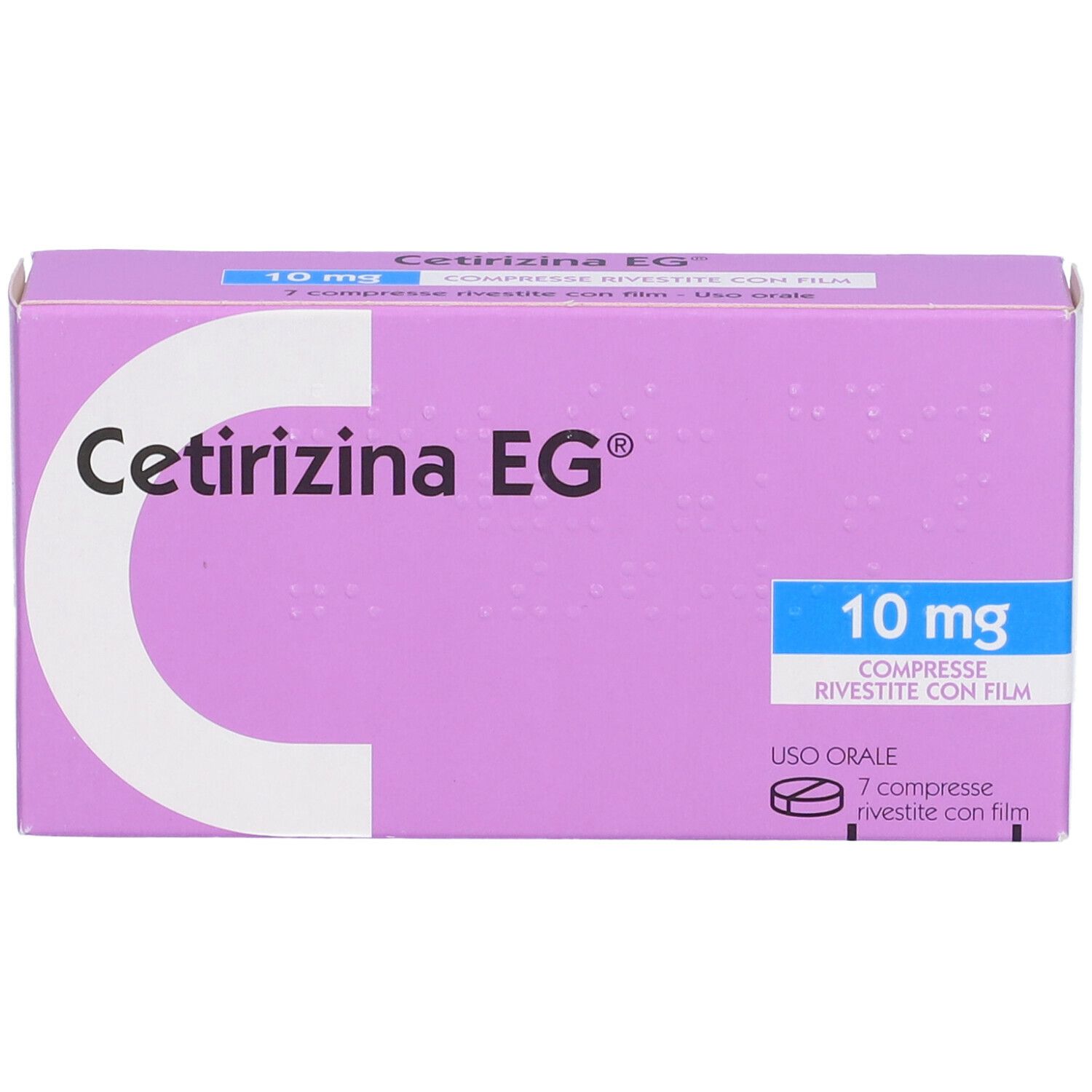 Scatola Cetirizina EG 10 mg. Confezione viola con testo bianco. 7 compresse.