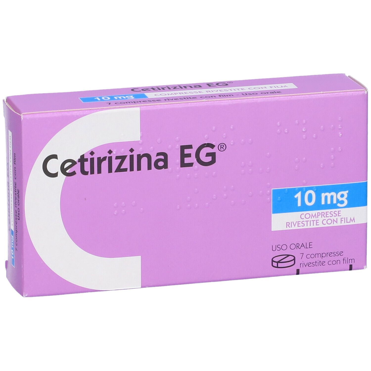 Scatola Cetirizina EG 10 mg. Confezione viola, testo bianco. 7 compresse.