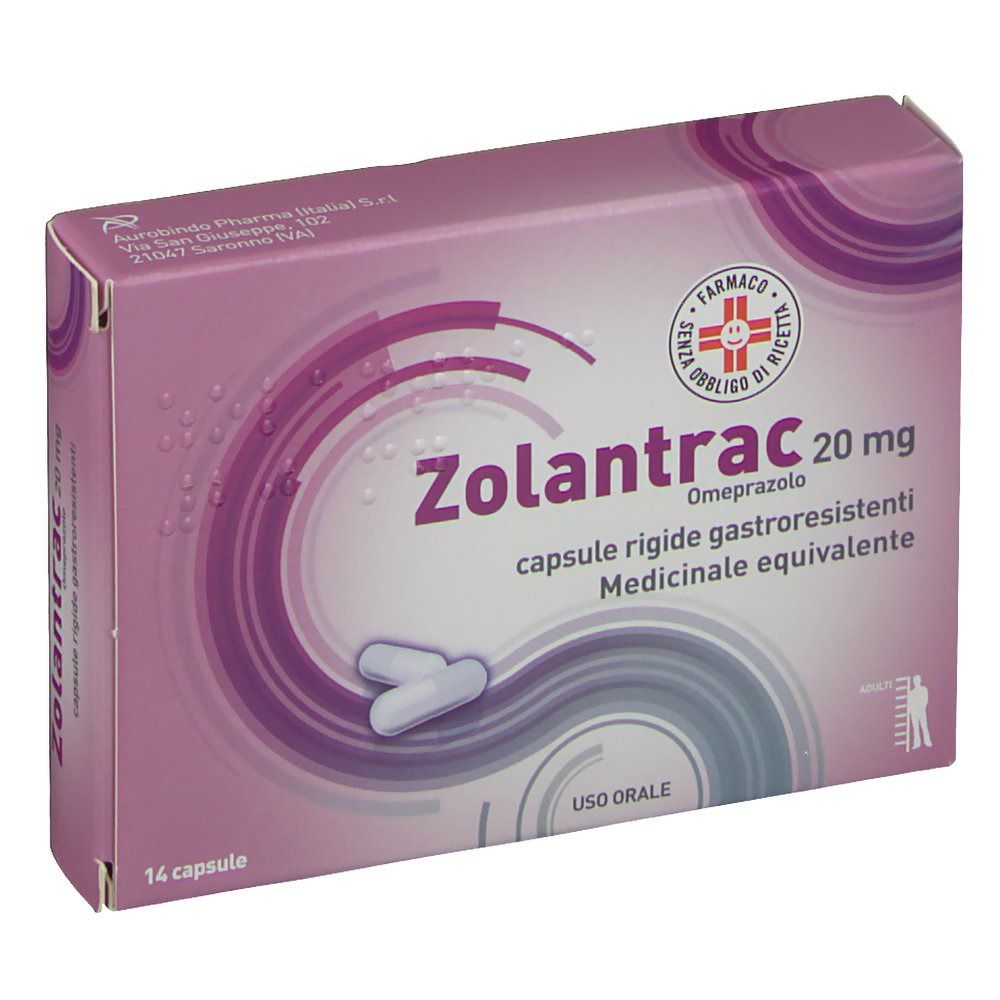 Confezione di Zolantrac. Scatola rosa con nome, dosaggio e immagine capsule. 14 capsule. Logo farmacia.